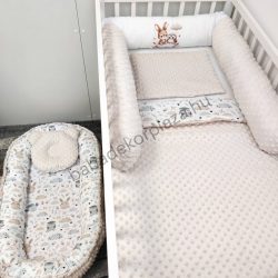  Deluxe Baby babaágynemű garnitúra babafészekkel, hengerpárnás rácsvédővel - mogyoró nyuszi és bagoly