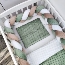   Deluxe Baby 3 részes Minky babaágynemű garnitúra - takaró + párna + fonott rácsvédő - sötét zsályazöld - fehér - cappuccino