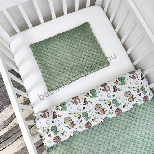 Deluxe Baby 2 részes babaágynemű garnitúra - takaró + párna - sötét zsályazöld - bébi dínók