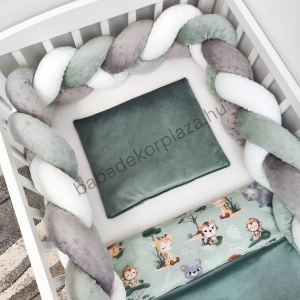 Deluxe Baby 3 részes babaágynemű garnitúra - takaró + párna + fonott rácsvédő - zöld szafari kölykök