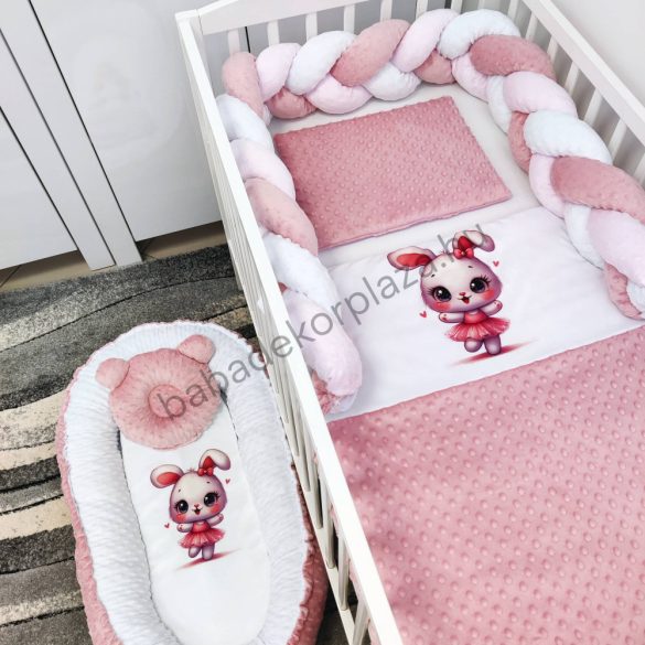 Babaágynemű babafészekkel, fonott rácsvédővel - mályvarózsa - balerina nyuszi I.