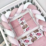 Deluxe Baby 3 részes babaágynemű garnitúra - takaró + párna + fonott rácsvédő - mályvarózsa - őzikék virágokkal II.