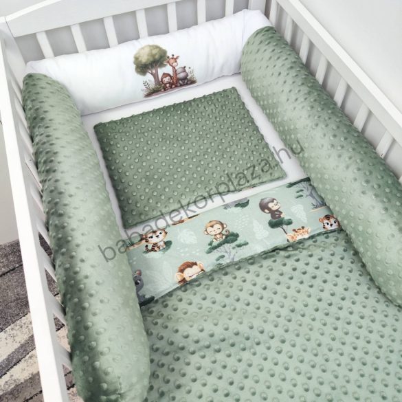 Deluxe Baby babaágynemű garnitúra hengerpárnás rácsvédővel - sötét zsályazöld - szafari kölykök