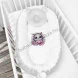 Deluxe Baby többfunkciós babafészek macipárnával, fekvőbetéttel - Minky szürke-fehér - cica virágok között