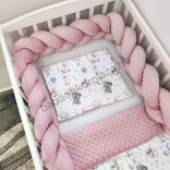 Deluxe Baby 3 részes Minky babaágynemű garnitúra - takaró + párna + fonott rácsvédő - mályvarózsa - elefántok léggömbökkel