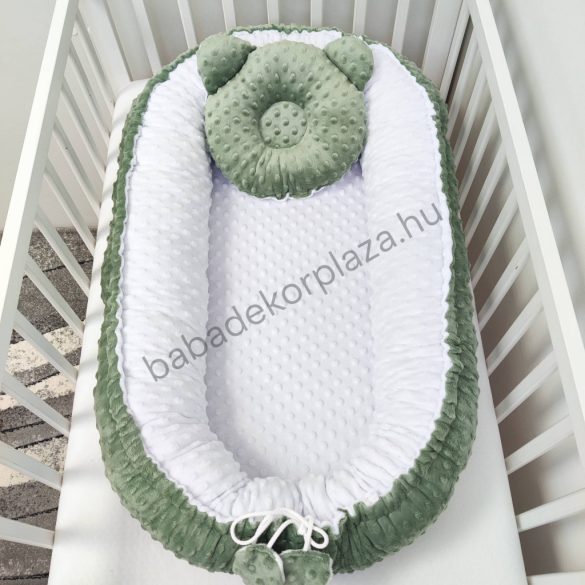 Deluxe Baby többfunkciós babafészek macipárnával - Minky sötét zsályazöld - fehér