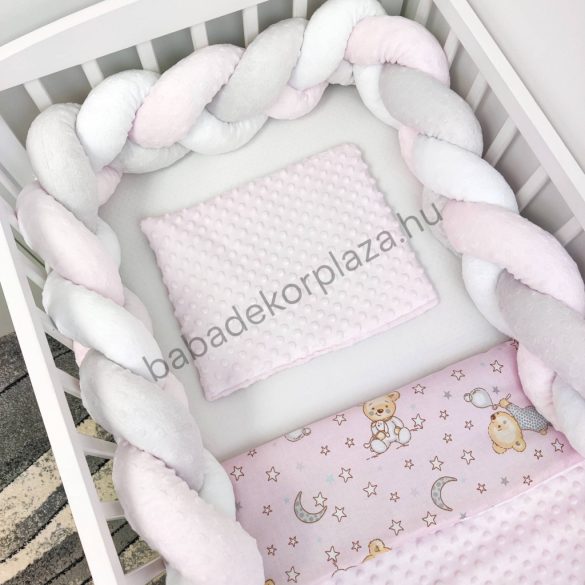 Deluxe Baby 3 részes babaágynemű garnitúra - takaró + párna + fonott rácsvédő - világos rózsaszín - cuki macik I.