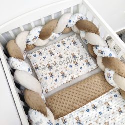   3 részes Minky babaágynemű garnitúra - takaró + párna + fonott rácsvédő - cappuccino - macikák szivárványon