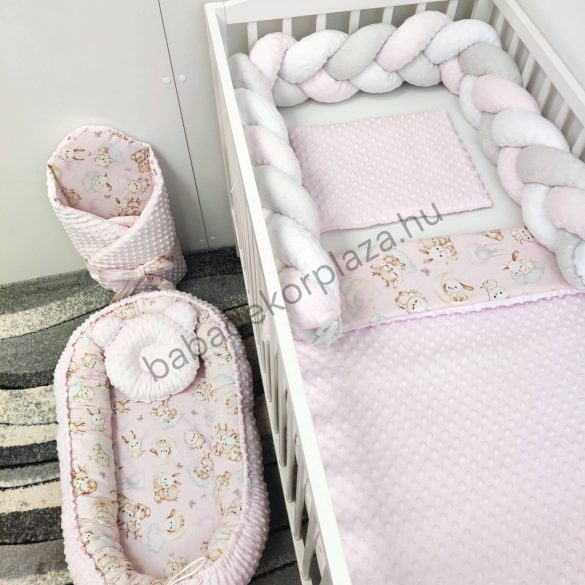 Deluxe Baby babaágynemű garnitúra babafészekkel - 6 részes - Világos rózsaszín - rózsaszín bébi erdei állatok