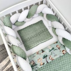   Deluxe Baby 3 részes babaágynemű garnitúra - takaró + párna + fonott rácsvédő - sötét zsályazöld - szafari kölykök I.