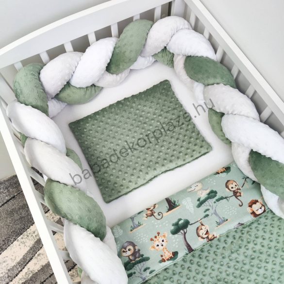 Deluxe Baby 3 részes babaágynemű garnitúra - takaró + párna + fonott rácsvédő - sötét zsályazöld - szafari kölykök I.