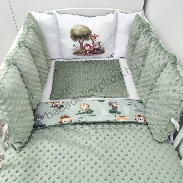 Deluxe Baby babaágynemű garnitúra Extra párnás rácsvédővel - Dreamland Collection - sötét zsályazöld - szafari kölykök