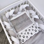 Deluxe Baby 3 részes babaágynemű garnitúra - takaró + párna + fonott rácsvédő - grafitszürke - pandák I.