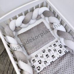   Deluxe Baby 3 részes babaágynemű garnitúra - takaró + párna + fonott rácsvédő - grafitszürke - pandák I.