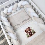 Deluxe Baby 3 részes babaágynemű garnitúra - takaró + párna + fonott rácsvédő - mogyoró - maci a tisztáson