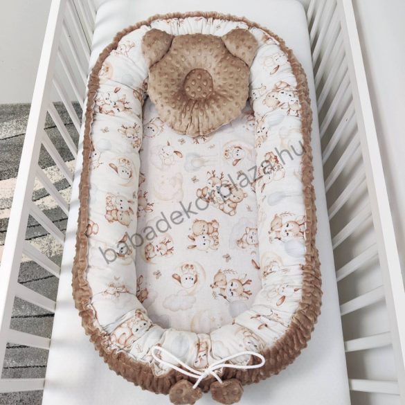 Deluxe Baby többfunkciós babafészek macipárnával - Minky cappuccino - bébi erdei állatok